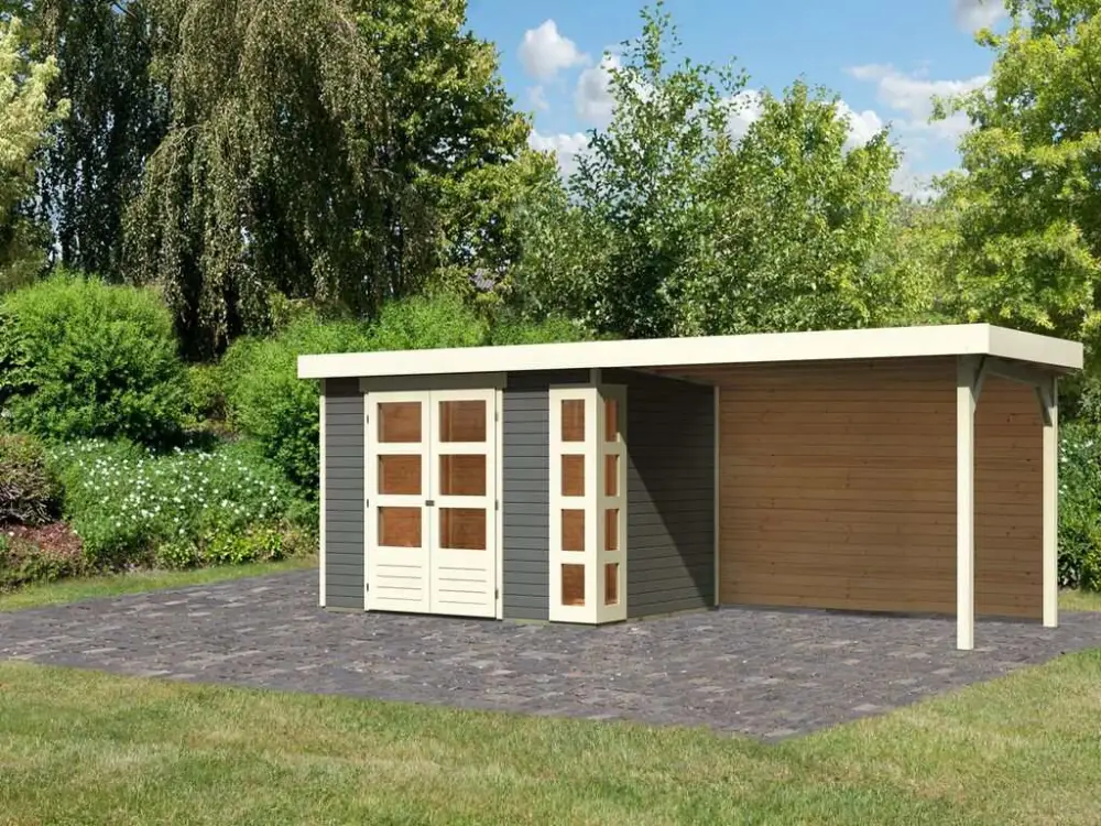 Voordeelprijs Tuinhuis SET Kerko 4 19 mm terragrijs, incl. 2,8 m aanbouwdak + achterwand