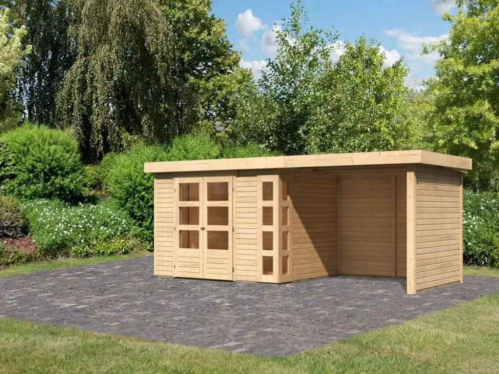 Tuinhuisje SET Kerko 5 19 mm natuurlijke afwerking, incl. 2,8 m aangebouwd dak + zij- en achterwand Goedkoop