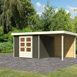 Dagaanbieding Tuinhuisje SET Askola 6 19 mm terra grijs, incl. 2,4 m opbouwdak + achterwand