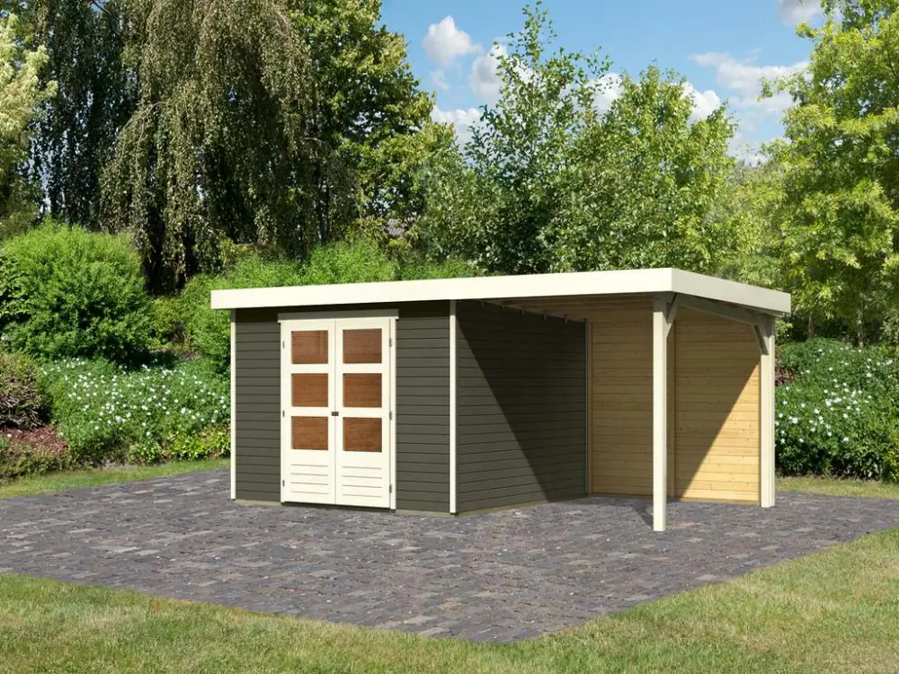 Dagaanbieding Tuinhuisje SET Askola 6 19 mm terra grijs, incl. 2,4 m opbouwdak + achterwand