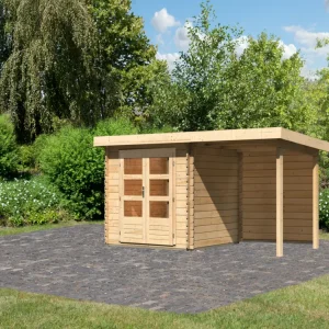Shop Nu Tuinhuisje blokhut SET Bastrup 2 28 mm natuurlijke afwerking, incl. 2 m aanbouwdak + achterwand