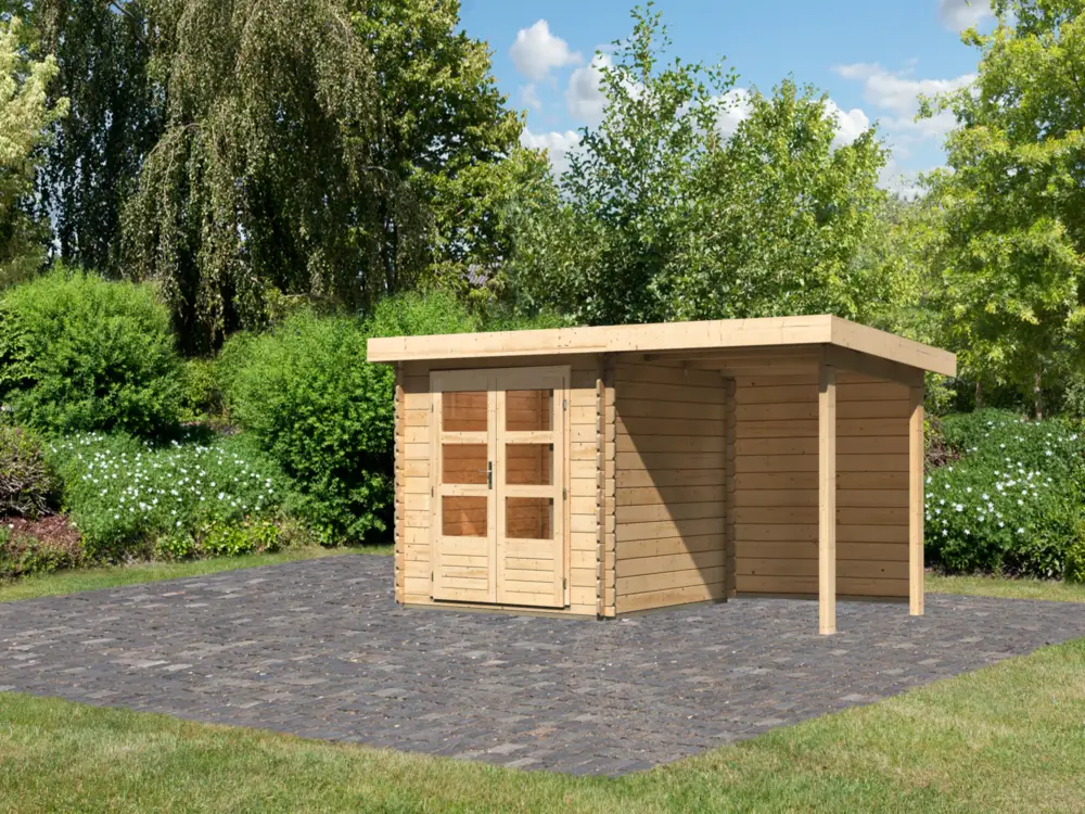 Shop Nu Tuinhuisje blokhut SET Bastrup 2 28 mm natuurlijke afwerking, incl. 2 m aanbouwdak + achterwand