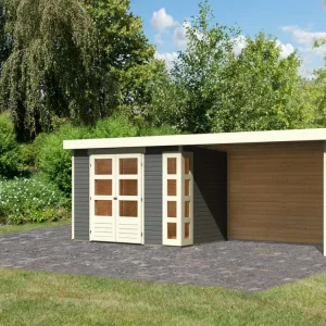 Laatste Versie Tuinhuisje SET Kerko 4 19 mm terra grijs, incl. 2,8 m opbouwdak + zij- en achterwand