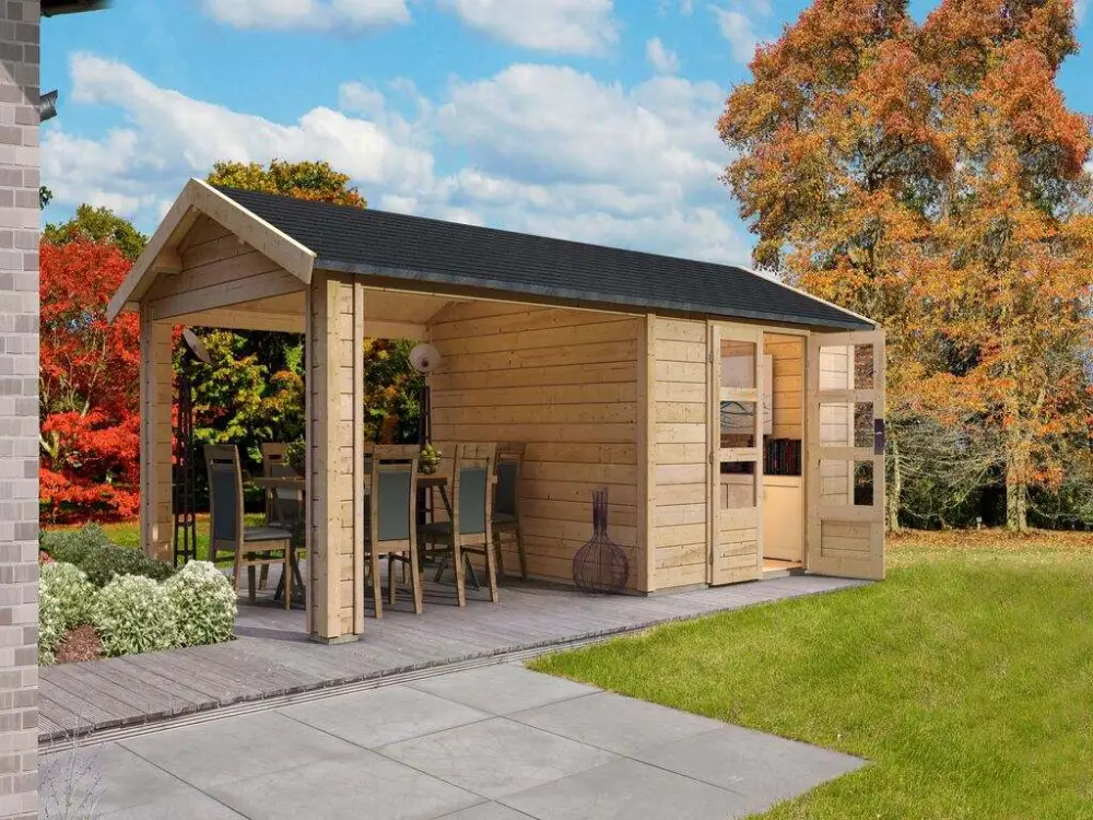 Weekendaanbieding Tuinhuisje SET Theres 7 28 mm natuurlijke afwerking incl. 2,6 m dakverlengstuk