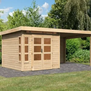 Tuinhuisje SET Kastorf 6 28 mm natuurlijke afwerking incl. 3,2 m opbouwdak + achterwand Uitverkoop