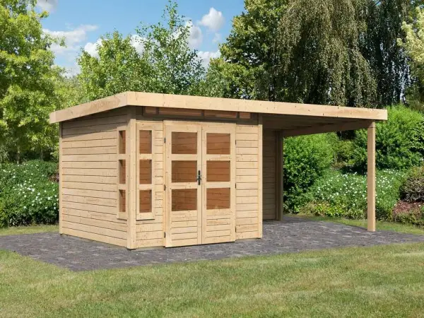 Tuinhuisje SET Kastorf 6 28 mm natuurlijke afwerking incl. 3,2 m opbouwdak + achterwand Uitverkoop
