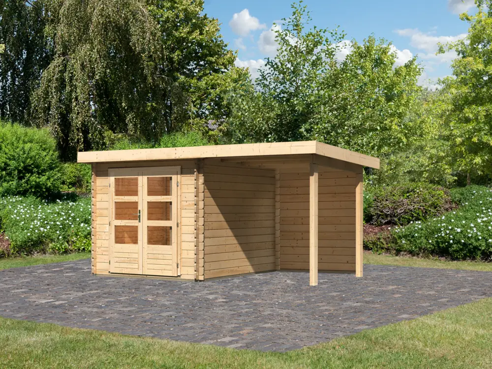 berging blokhut SET Bastrup 4 28 mm natuurlijke afwerking, incl. 2 m verlenging dak + achterwand Snelle Levering