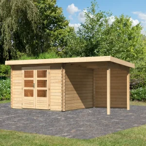 Express Levering berging blokhut SET Bastrup 5 28 mm natuurlijke afwerking, incl. 2 m verlenging dak + achterwand