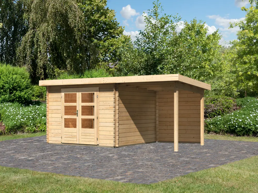 Express Levering berging blokhut SET Bastrup 5 28 mm natuurlijke afwerking, incl. 2 m verlenging dak + achterwand