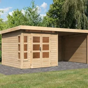 Premium Tuinberging SET Kastorf 6 28 mm naturel incl. 3,2 m aanbouwdak + achterwand + zijwand