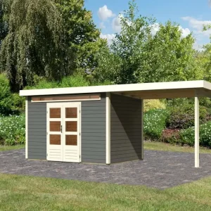 Lage Kosten Tuinhuis SET Kandern 6 28 mm terra grijs, incl. 3,2 m aanbouwdak + zij- en achterwand