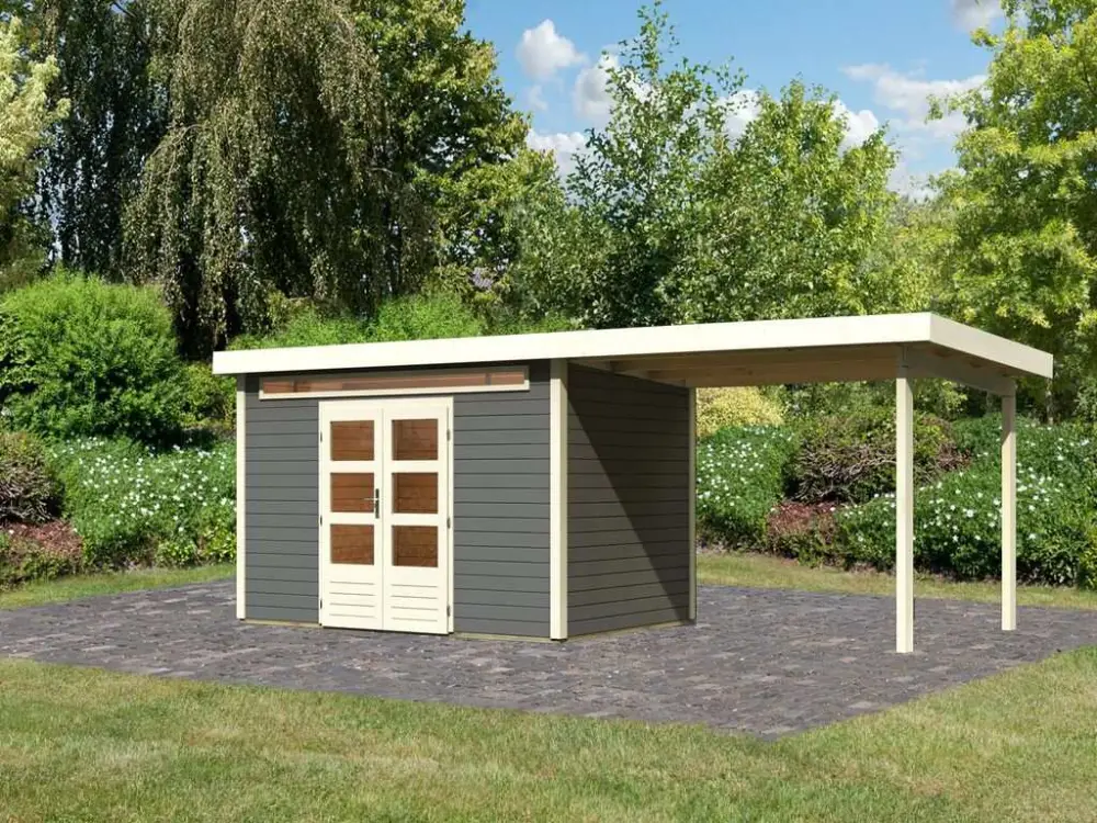 Lage Kosten Tuinhuis SET Kandern 6 28 mm terra grijs, incl. 3,2 m aanbouwdak + zij- en achterwand