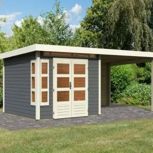 Tuinhuis SET Kastorf 6 28 mm terra grijs incl. 3,2 m verlenging dak + achterwand Voordeelprijs