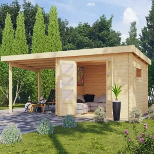 Blokhut tuinhuis SET Trittau 5 38 mm natuurlijke afwerking, incl. 3 m aanbouwdak Merkproduct