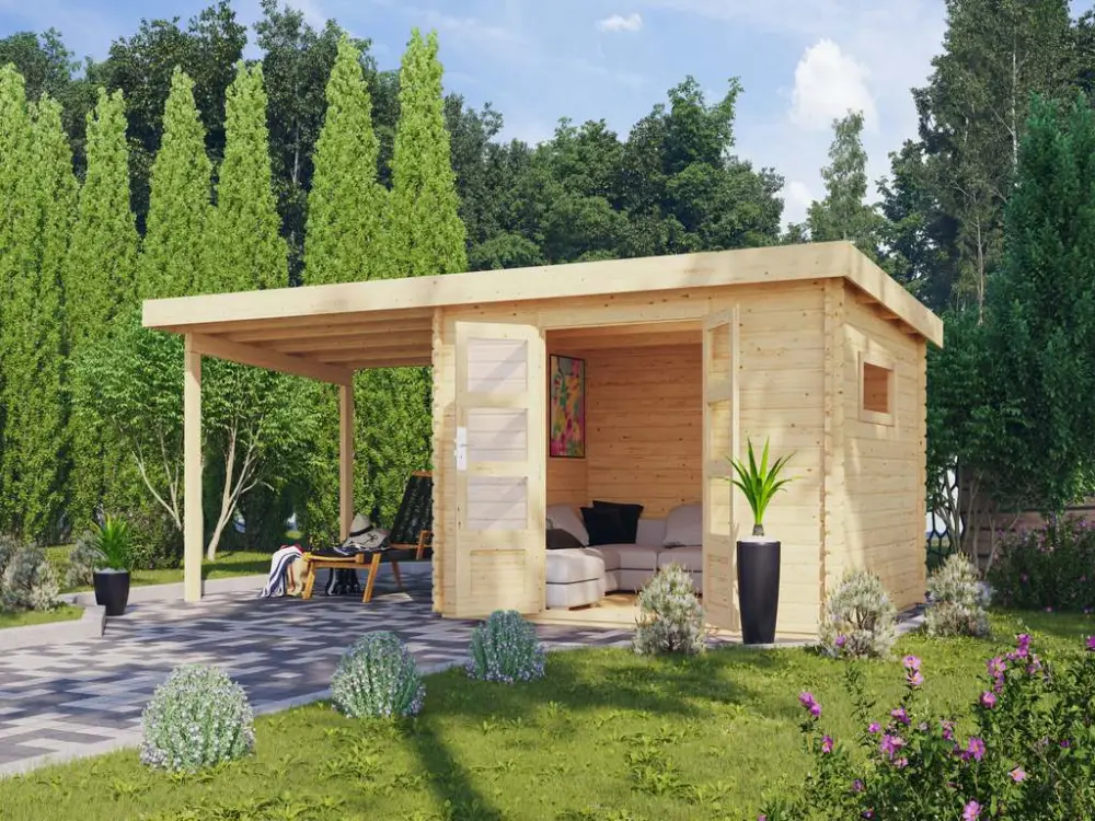 Blokhut tuinhuis SET Trittau 5 38 mm natuurlijke afwerking, incl. 3 m aanbouwdak Merkproduct