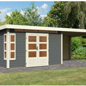 Lage Kosten Tuinhuisje SET Kastorf 7 28 mm terra grijs incl. 3,2 m opbouwdak + achterwand