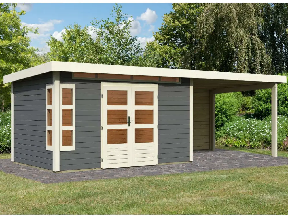 Lage Kosten Tuinhuisje SET Kastorf 7 28 mm terra grijs incl. 3,2 m opbouwdak + achterwand