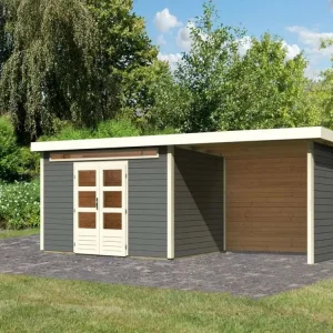 Tuinhuis SET Kandern 7 28 mm terra grijs, incl. 3,2 m aanbouwdak + zij- en achterwand Korting