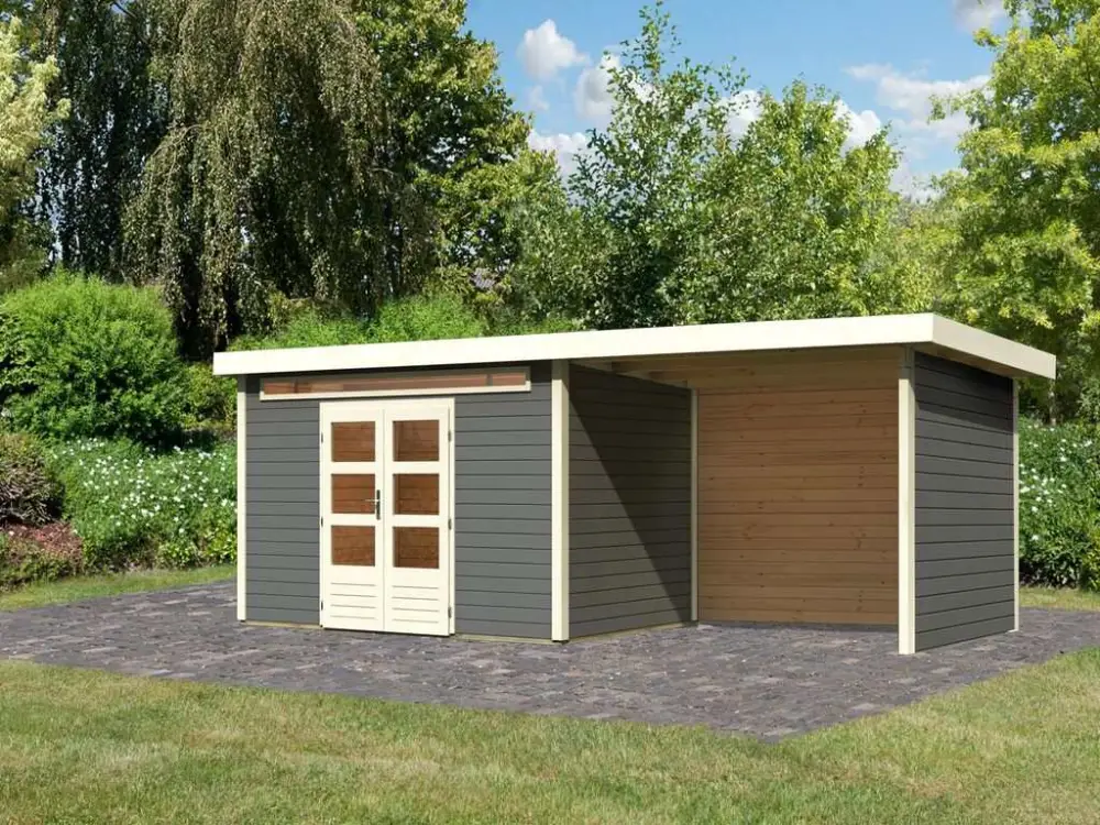 Tuinhuis SET Kandern 7 28 mm terra grijs, incl. 3,2 m aanbouwdak + zij- en achterwand Korting