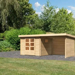 Beperkt Aanbod Tuinberging blokhut SET Trittau 3 38mm natuurlijke afwerking, incl. 3 m aanbouwdak + zij--achterwand