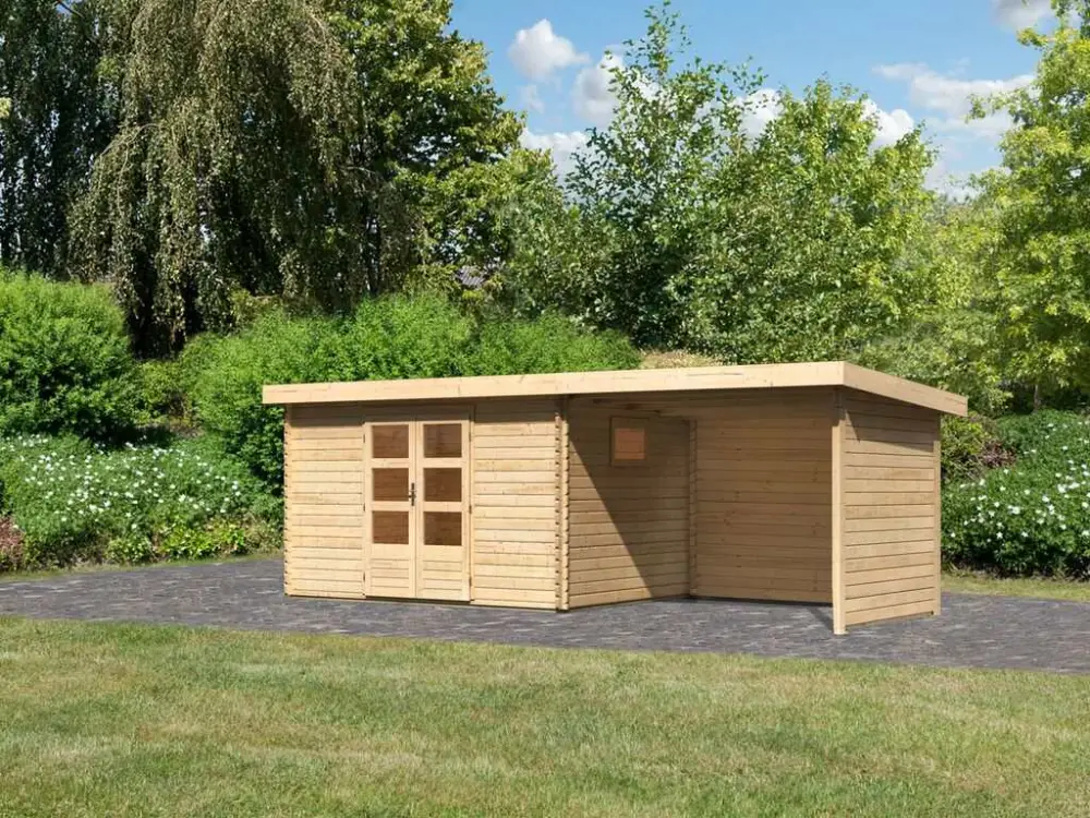 Bestseller Blokhut tuinhuis SET Trittau 5 38mm natuurlijke afwerking, incl. 3 m lessenaarsdak + zij-/achterwand