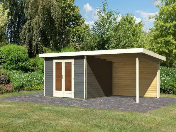 Shop Nu Tuinhuisje SET Radeburg 1 40 mm terra grijs incl. 3,3 m opbouwdak + achterwand