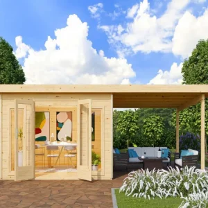 Tuinhuis SET Radeburg 3 40 mm natuurlijke afwerking incl. 3,3 m aanbouwdak Gereduceerde Prijs