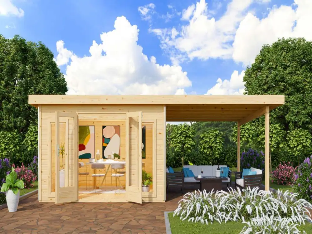 Tuinhuis SET Radeburg 3 40 mm natuurlijke afwerking incl. 3,3 m aanbouwdak Gereduceerde Prijs