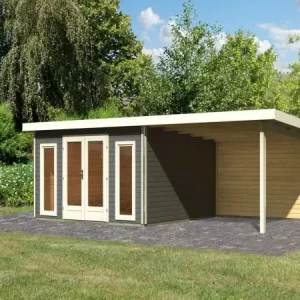 Tuinhuisje SET Radeburg 3 40 mm terra grijs incl. 3,3 m aangebouwd dak + achterwand Favoriet