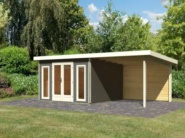 Tuinhuisje SET Radeburg 3 40 mm terra grijs incl. 3,3 m aangebouwd dak + achterwand Favoriet