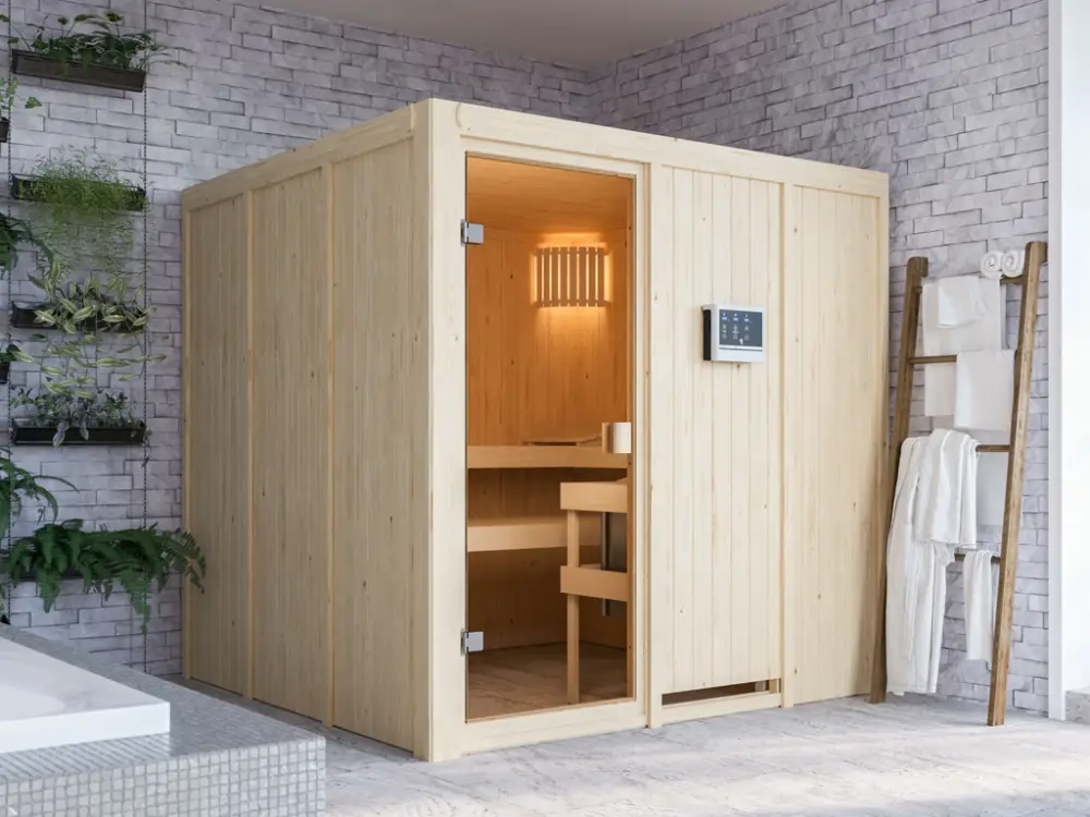 Uitverkoop Elementensauna 68 mm Celine 4 SPARSET incl. 9 kW saunakachel en externe bedieningseenheid