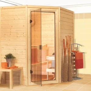 Massief houten sauna 38 mm Katie SPARSET incl. 3,6 kW Bio P&P kachel en extra bedieningsunit Shop Nu