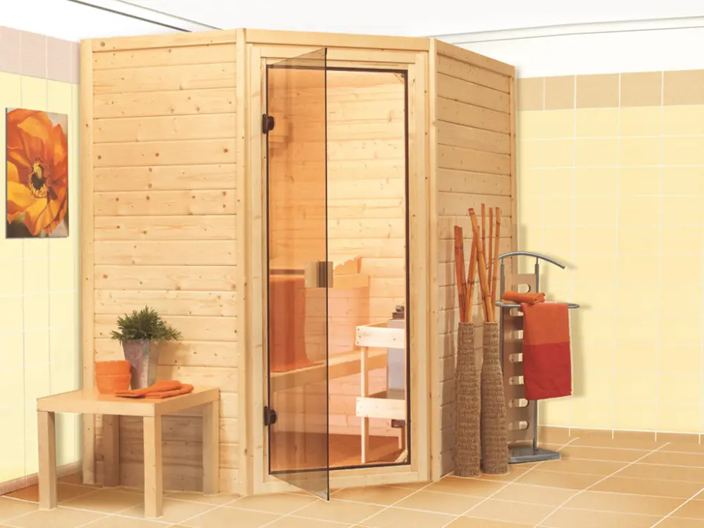 Massief houten sauna 38 mm Katie SPARSET incl. 3,6 kW Bio P&P kachel en extra bedieningsunit Shop Nu