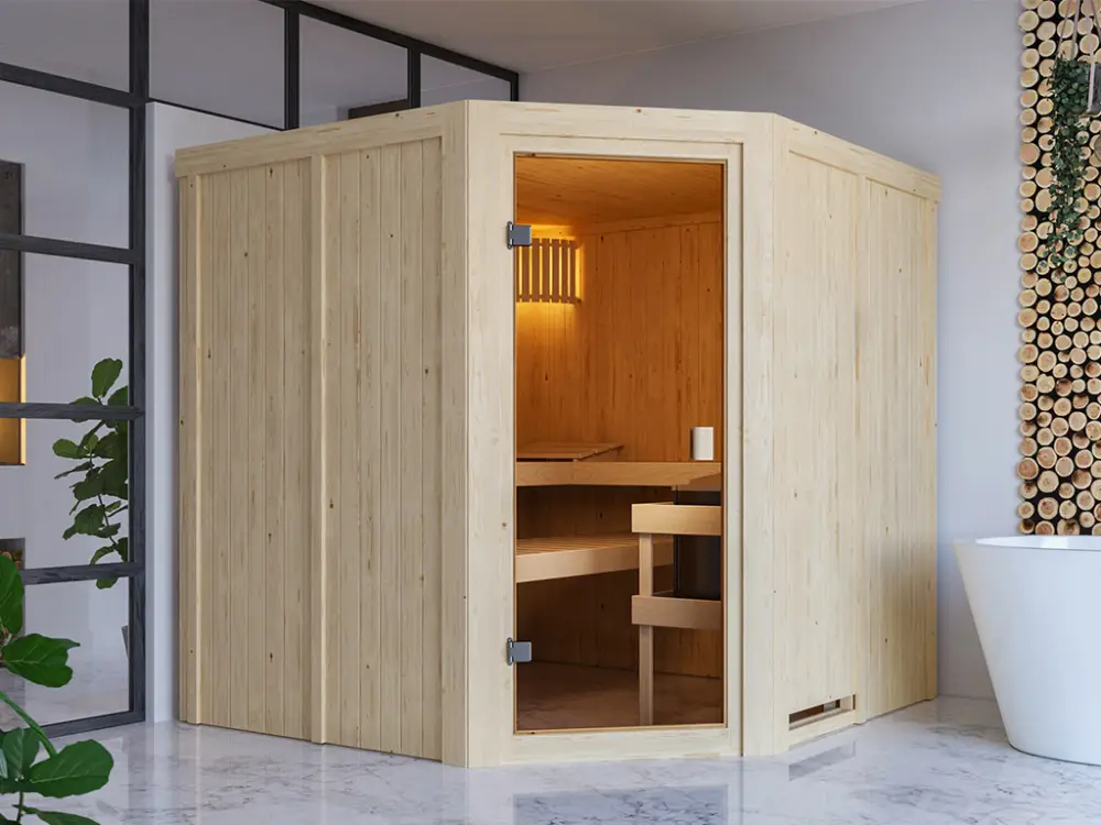 Actieprijs Elementensauna 68 mm Celine 3 SPARSET incl. 6,8 kW Glow saunakachel en externe bedieningseenheid