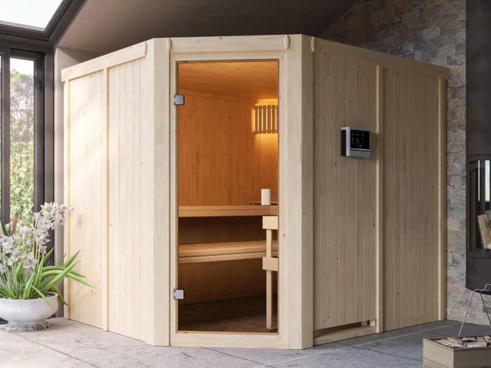 Elementensauna 68 mm Celine 5 SPARSET incl. 9 kW bio combikachel en externe bedieningseenheid Actieprijs