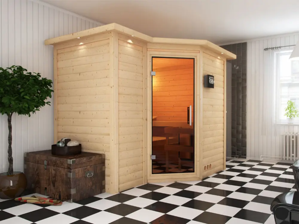 Massief houten sauna Premium sauna 38 mm Betty SPARSET incl. 9 kW saunakachel Premium