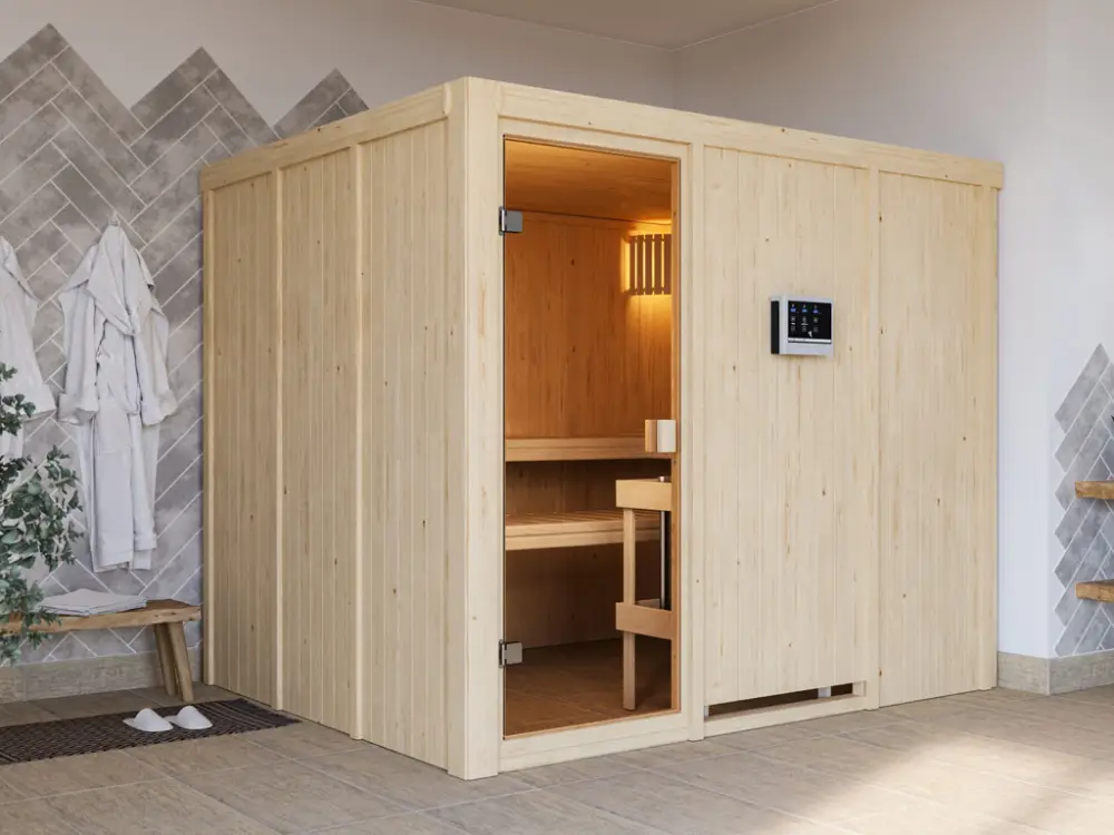 Fabrieksprijs Elementensauna 68 mm Celine 6 SPARSET incl. 9 kW bio combikachel en externe bedieningseenheid
