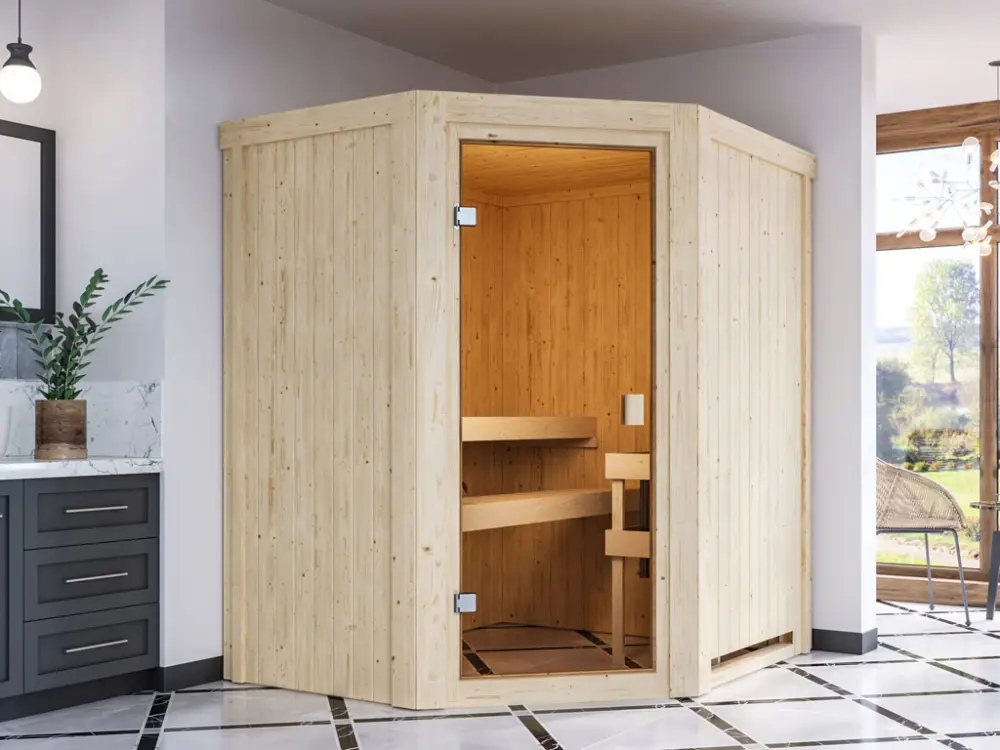 Elementensauna 68 mm Celine 0 SPARSET incl. 3,6 kW P&P saunakachel en extra bedieningselement Rechtstreeks Van De Fabrikant