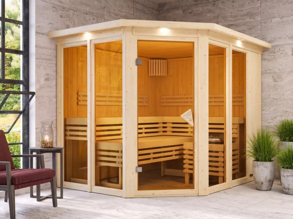 Sauna systeemsauna Premiumsauna Nuri spaarset inclusief 9 kW saunakachel en bedieningsunit Bio Korting