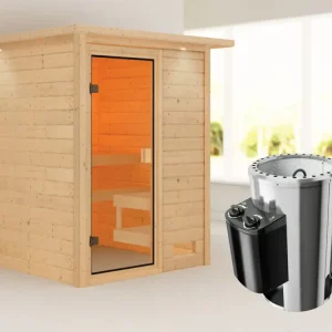 Sauna Sandra met gebronsde glazen deur en dakkraag + 3,6 kW Plug & Play saunakachel int. besturing Nu Kopen
