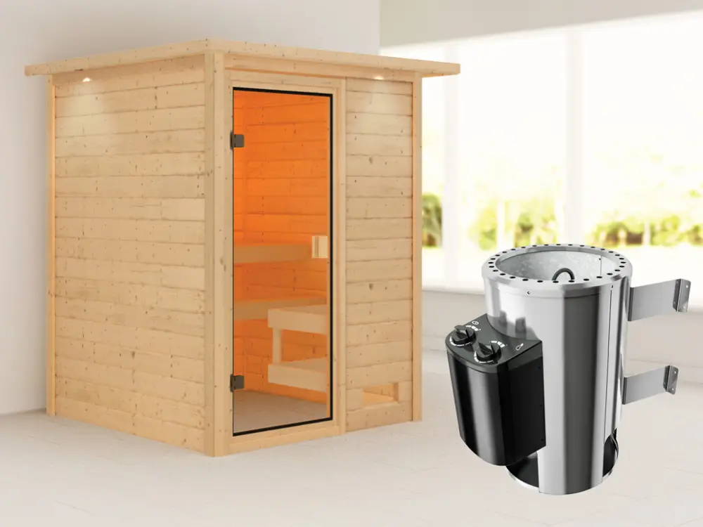 Sauna Sandra met gebronsde glazen deur en dakkraag + 3,6 kW Plug & Play saunakachel int. besturing Nu Kopen