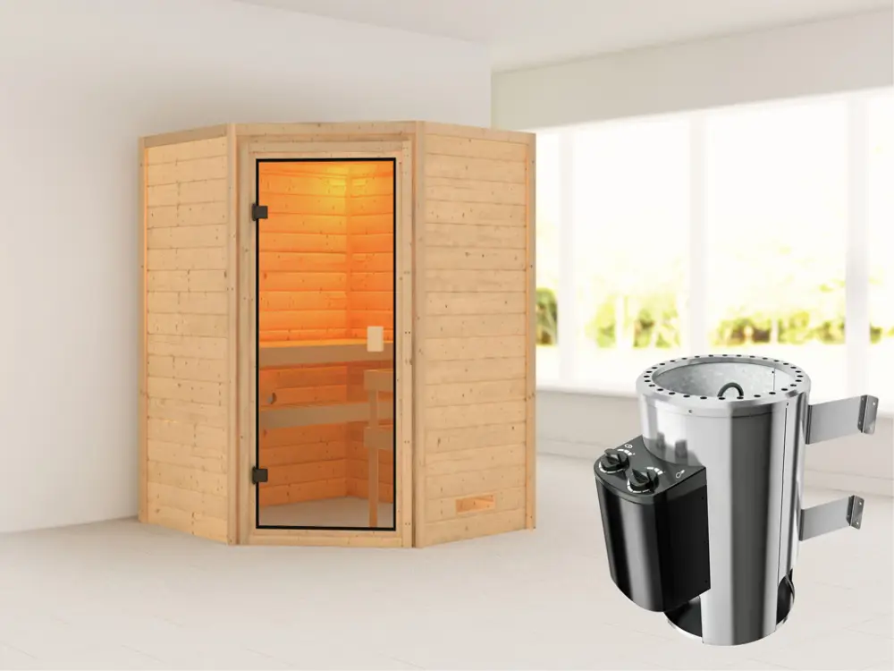 Sauna Antonia met gebronsde glazen deur + 3,6 kW Plug & Play saunakachel int. besturing Betaalbaar