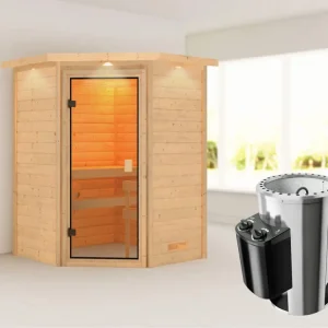 Sauna Antonia met gebronsde glazen deur en dakkraag + 3,6 kW Plug & Play saunakachel int. besturing Flitsaanbieding