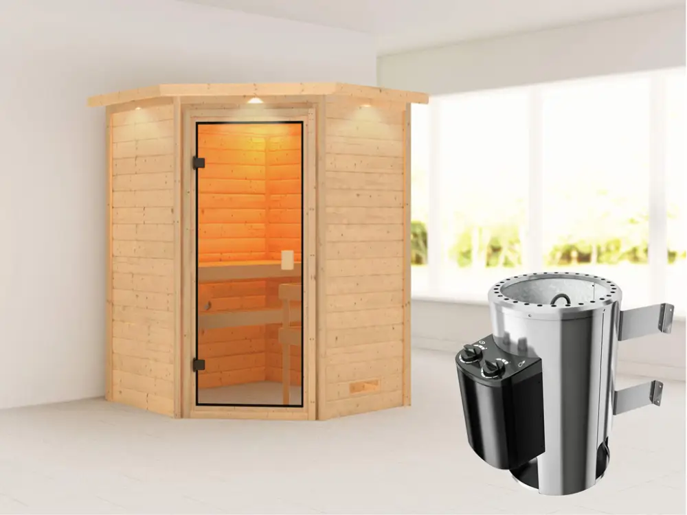 Sauna Antonia met gebronsde glazen deur en dakkraag + 3,6 kW Plug & Play saunakachel int. besturing Flitsaanbieding
