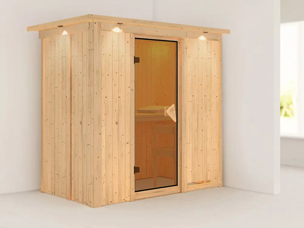 Korting Systeemsauna Variado met dakkraag, kompleet transparente gebronsde glazen deur