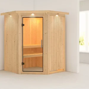 Systeemsauna Larin met dakkraag, transparent glazen deur Op = Op