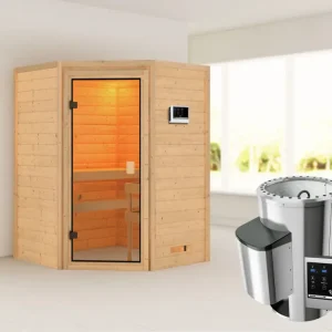 Actieprijs Sauna Antonia met gebronsde glazen deur + 3,6 kW Plug & Play saunakachel ext. besturing