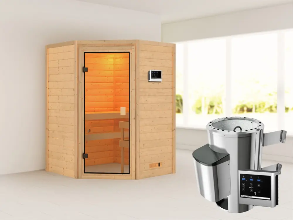 Actieprijs Sauna Antonia met gebronsde glazen deur + 3,6 kW Plug & Play saunakachel ext. besturing