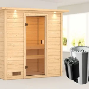 Sauna Selena met gebronsde glazen deur en dakkraag + 3,6 kW Plug & Play saunakachel int. besturing Korting