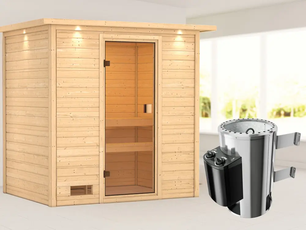 Sauna Selena met gebronsde glazen deur en dakkraag + 3,6 kW Plug & Play saunakachel int. besturing Korting